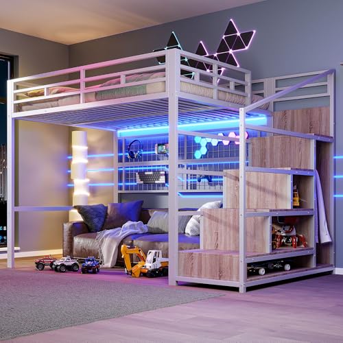 Hochbett, 140 x 200 cm, Eisenrahmen, Kleiderschrank, Ablageleiter, Gitter zum Aufhängen von Gegenständen, offener Raum unter dem Bett, farbwechselnde Lichtleiste, Matratze Nicht enthalten (weiß) von Idemon