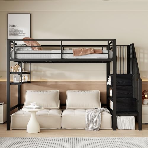 Hochbett, 90 * 200cm, Einlegeböden, Stauraumleiter, Freiraum unter dem Bett zum Verkleiden, Geländer, ohne Matratze, (Black) von Idemon