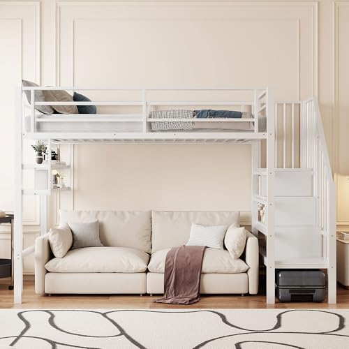 Hochbett, 90 * 200cm, Einlegeböden, Stauraumleiter, Freiraum unter dem Bett zum Verkleiden, Geländer, ohne Matratze, (White) von Idemon
