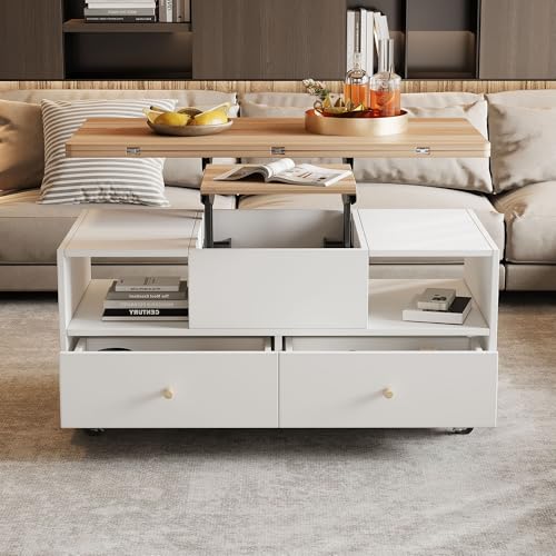 Höhenverstellbarer Couchtisch mit Klappfunktion und 4 Schubladen, 100 x 50 x 47,5 cm, EIN großer und EIN Kleiner Hydraulik-Hubtisch, beweglicher Wohnzimmertisch mit Universalrollen, Sofatisch von Idemon