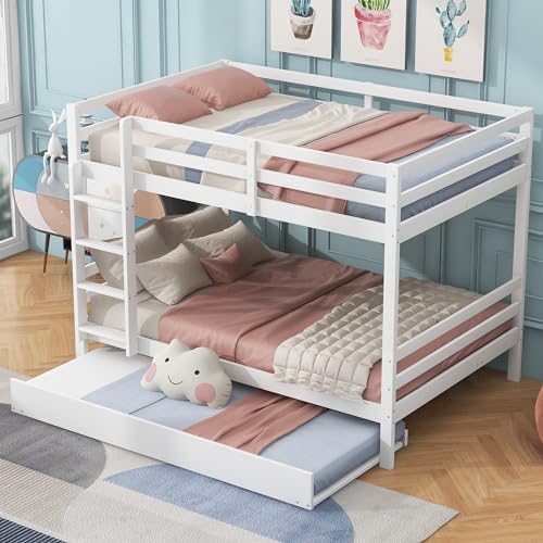 Idemon Etagenbett 140x200cm Massivholz - Kinderbett mit Ausziehbett & Treppe | Hohe Geländer, Stabile Konstruktion, Weiß, Platz für 3 Personen von Idemon