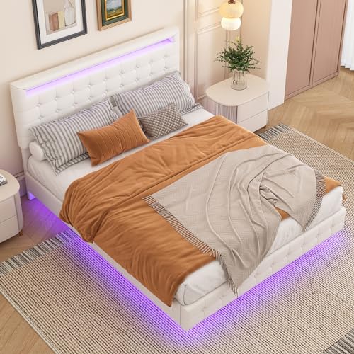 Idemon 140 * 200cm Flachbett, mit Ambientelicht, 24-Tasten-Fernbedienung, Federung, PU-Material, dreistufige Kopfteilhöhenverstellung, (White) von Idemon