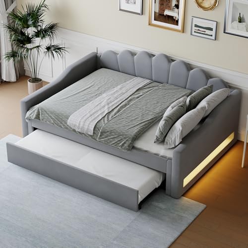 Idemon 140 x 200 cm Polsterschlafsofa mit ，Fantasielichtleiste und Ausziehbett (Gray) von Idemon