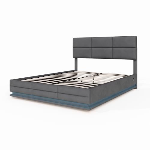 Idemon 140 x 200 cm großes Bettgestell aus weichem Samt mit USB-Typ-C-Aufladung und Umgebungsbeleuchtung, hydraulischem Stauraum. Jugendbett aus Samtmaterial mit Lattenrost (grau) von Idemon