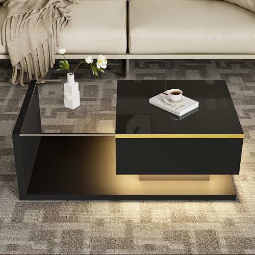 Idemon 90cm lang, Couchtisch aus Glas, Hochglanz weiß, Beistelltisch mit Fantasielampe (Black, 90 * 50 * 32 cm) von Idemon