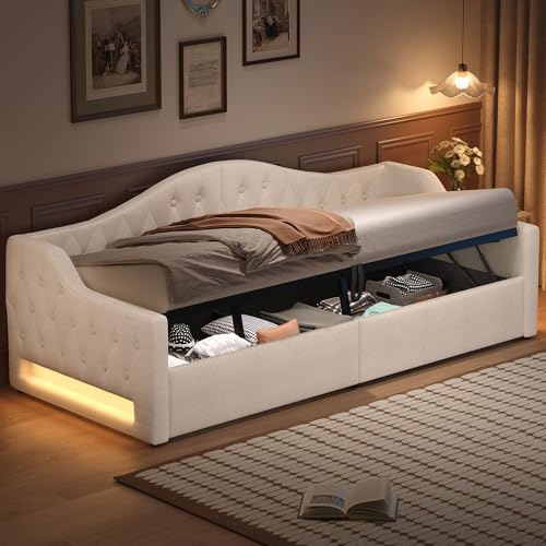 Idemon 90x200 gepolstertes Schlafsofa mit Fantasie-Lichtleiste und Stauraum darunter, (Beige, 90x200cm) von Idemon