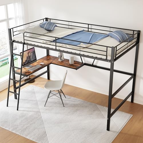 Idemon 90x200cm Bettgestell Metallbett, Eisenbett, Hochbett mit L-förmigem Schreibtisch und einem Regal für Kinder, Jugendliche und Erwachsene, schwarz von Idemon