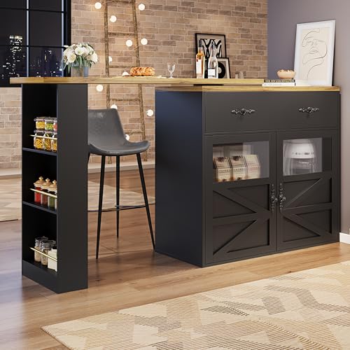 Idemon Ausziehbarer Bartisch mit Stauraum(138-204×39×104cm), 360° drehbare Essbar,Moderner Beweglicher Bar Table,Hochtisch Kücheninsel Bistro Table, Sideboardschrank mit Regalen, (Black) von Idemon