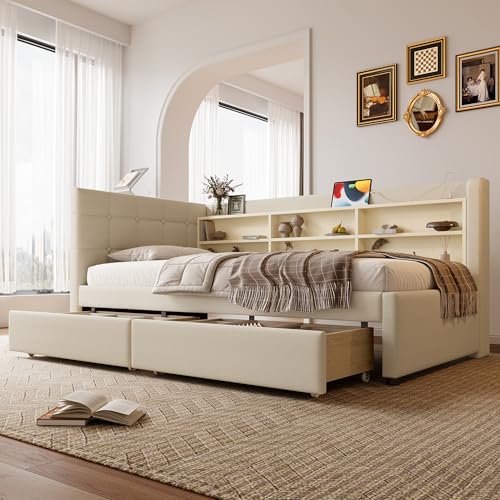 Idemon Daybed 90x200cm with Storage & USB Charging | Sofa Bed with 2 Drawers, Multiple Shelves, Slatted Base, Linen Fabric, (Mattress Not Included) (beige) von Idemon