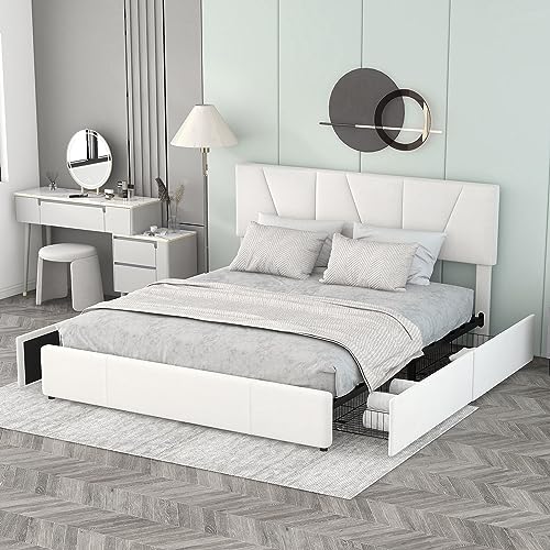 Idemon Double Size Polster Plattform Bett mit Vier Schubladen auf Zwei Seiten,Verstellbares Kopfteil (160 * 200cm, Beige) von Idemon