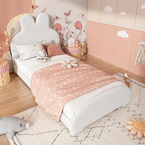 Idemon Einzelbett Polsterbett, Bettkopf in Hasenohrenform, einfach, stilvoll und bequem, Cartoon niedlich Stil, Vliesimitat, Weiß, 90x200cm Idemon Einzelbett Polsterbett, Bettkopf in Hasenohrenform, einfach, stilvoll und bequem, Cartoon niedlich Stil, Vliesimitat, Weiß, 90x200cm von Idemon
