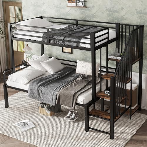Eisenbett, Etagenbett, Geeignet für Kinder und Jugendliche, Eckleiterschrank mit Stauraum, Eisen+MDF, Schwarz+Vintage-Holzfarbe, 90x200cm&120x200cm Eisenbett, Etagenbett, Geeignet für Kinder und Jugendliche, Eckleiterschrank mit Stauraum, Eisen+MDF, Schwarz+Vintage-Holzfarbe, 90x200cm&120x200cm von Idemon