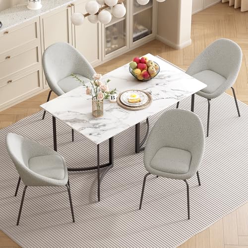 Idemon Esstisch mit 4 Stühlen Moderner Esstisch weiß mit Marmoroptik und gebogenen Beinen, Stühle 4er Set mit verstellbaren Fußpolstern und Körniger Samt-Sitzfläche von Idemon