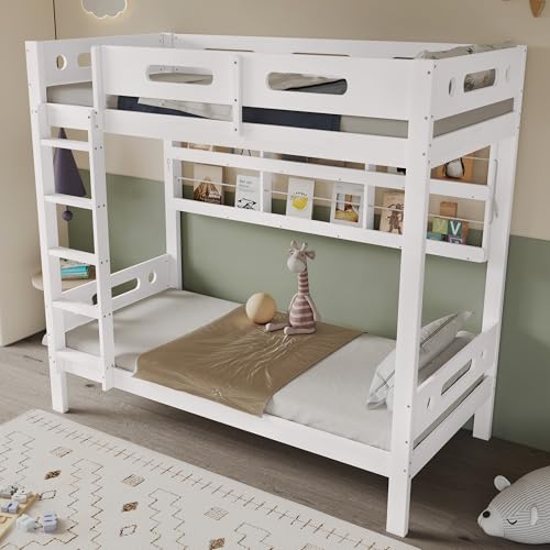 Idemon Etagenbett, Kinderbett mit Fallschutzgitter, Offenes Regal, Fünfstufige Leiter, Reichlich Stauraum, Kiefer+MDF, Weiß, 90x200cm Idemon Etagenbett, Kinderbett mit Fallschutzgitter, Offenes Regal, Fünfstufige Leiter, Reichlich Stauraum, Kiefer+MDF, Weiß, 90x200cm von Idemon