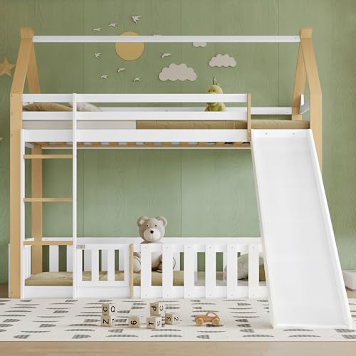 Idemon Etagenbett mit RUTSCHE & Dachdesign • Kinderbett 90x200 cm mit Spielbereich & Zaun • Hochbett mit Rutschbahn & 3-Stufen-Leiter • Sicherheitsbett in Weiß+Natur • Ohne Matratze von Idemon