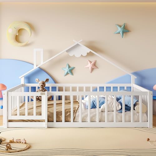 Idemon Flachbett, Kinderbett, Hausleiste, Geländer mit Schloss, Kiefernholz, (White, 140x190 cm) von Idemon