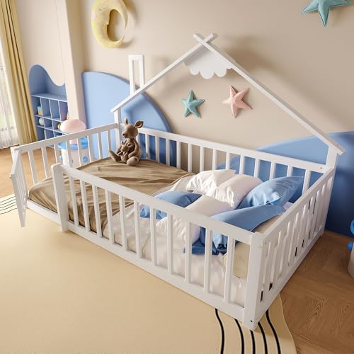Idemon Flachbett, Kinderbett, Hausleiste, Geländer mit Schloss, Kiefernholz, (White, 90x190 cm) von Idemon