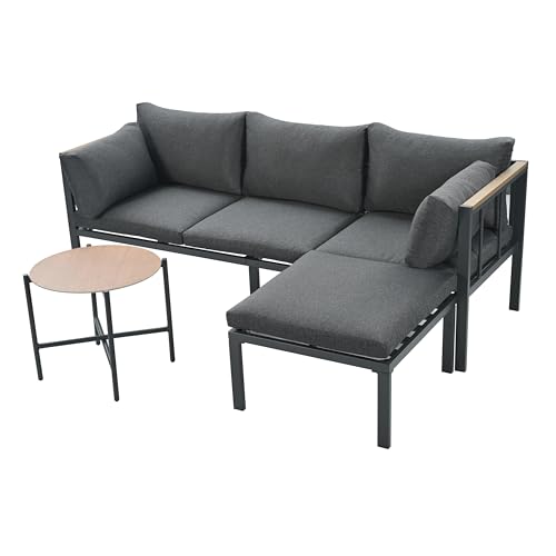 Idemon Gartenmöbel-Set, Eckgarnitur, Sofa + Couchtisch + Fußhocker, verzinktes Stahlrohr, Glastischplatte, geeignet für Gärten, Schwimmbäder und andere Außenbereiche, grau von Idemon