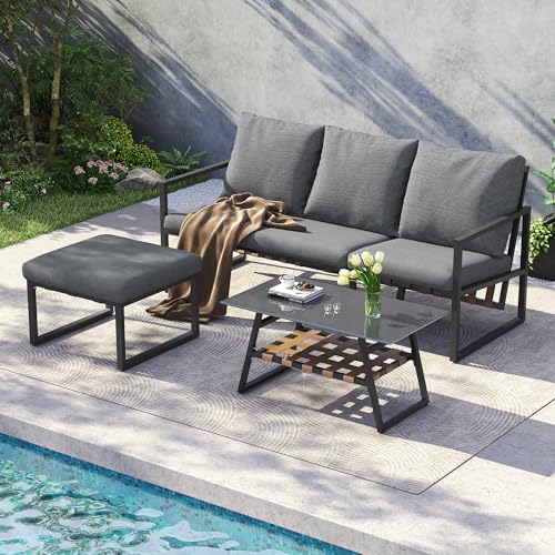 Idemon Gartenmöbel-Set, Eckgarnitur, Sofa + Couchtisch + Fußhocker, verzinktes Stahlrohr, Glastischplatte, geeignet für Gärten, Schwimmbäder und andere Außenbereiche, grau von Idemon