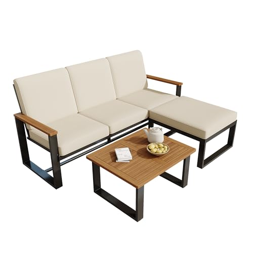 Idemon Gartenmöbel-Set, Eckgarnitur, Sofa + Couchtisch + Fußhocker, verzinktes Stahlrohr, Tischplatte aus Akazienholz, geeignet für Gärten, Schwimmbäder und andere Außenbereiche, Beige+Schwarz von Idemon