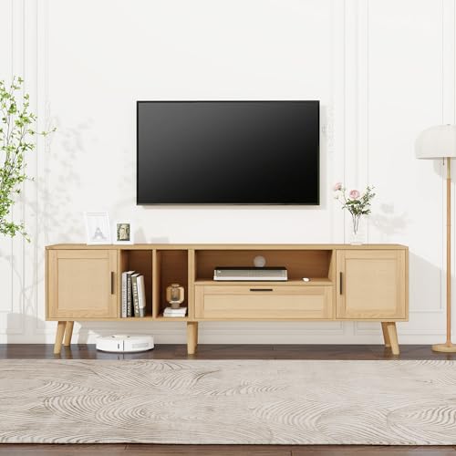 Idemon Geräumiger 180-cm-TV-Schrank mit Rattan-Dekoration, 2 Türen und Einer Schublade, Beine aus Massivholz, bietet Platz für einen 80-Zoll-Fernseher, TV-Aufbewahrungsschrank, TV-Schrank von Idemon