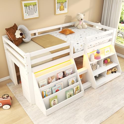 Idemon Halbhohes Bett, 90 * 200cm, Mehrere Einlegeböden zur Aufbewahrung, Geländer, Leiter, Kiefernholz, Ohne Matratze, Minimalistischer Stil, Weiß von Idemon