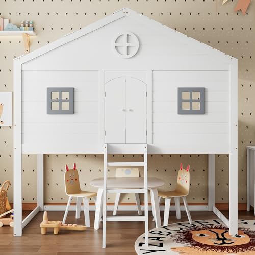 Idemon Hausbett mit Zwei FENSTERN & Treppe • EN 747 Geprüftes Hochbett 90x200 cm • Kinderbett mit Fallschutz-Gitter & Grauen Fenstern • Sicherheitsbett mit Stauraum • Weiß+Grau -Ohne Matratze von Idemon