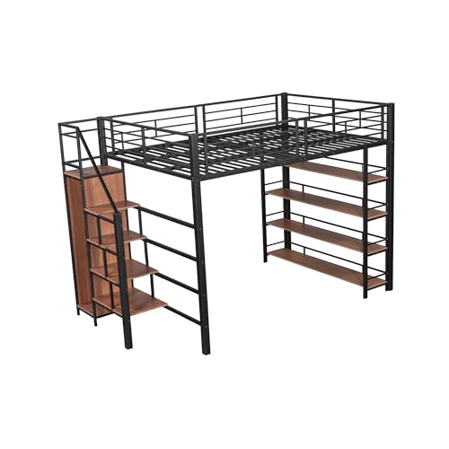 Idemon Hochbett 140 * 200, mit Sicherheitstreppe, Stauraum und kleinem Kleiderschrank, Einlegeböden, hohes Zaundesign, Einzelbett, Jugendbett (schwarz) von Idemon