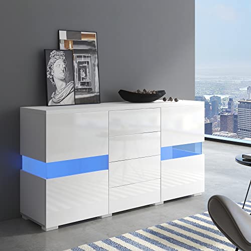 Idemon Hochglanz Weiß Sideboard Lagerung Schrank Schrank Einheit mit 16 Farben LED-Leuchten für Esszimmer Wohnzimmer 140 * 35 * 72 cm von Idemon