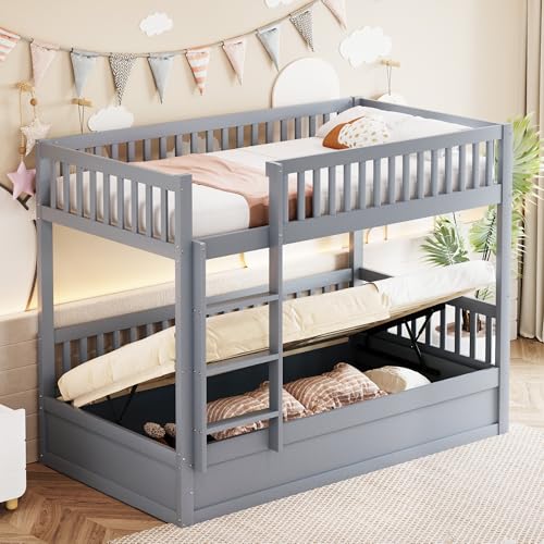 Idemon Kinder-Etagenbett 90 * 200, Massivholz-Hydraulikbett, Stabiles und Langlebiges Kinderbett mit Stauraum, Jugendbett (Grau) von Idemon