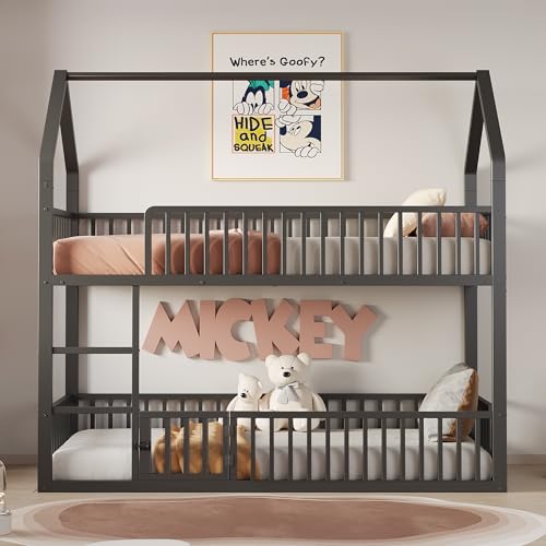 Idemon Kinder-Etagenbett 90 * 200, Metall-Doppelbett, Kinder-Familienbett, Etagenbett mit Treppe, Loft-Design, Unteres Bett mit Kleiner Tür zum Öffnen und Schließen (Schwarz, 90 * 200 cm) von Idemon