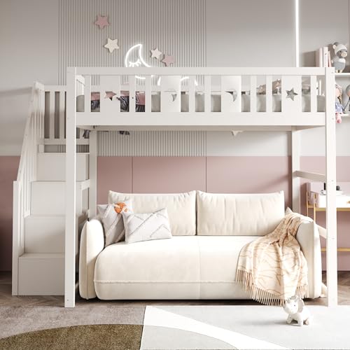 Idemon Kinder-Etagenbett mit Treppe, Massivholz-Hochbett mit Absturzsicherung, Stern- und Monddekor. (Natural, 140 * 200) von Idemon