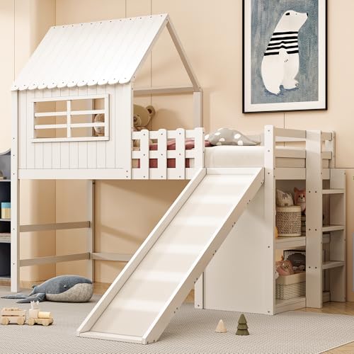 Idemon Kinderbett 90 x 200 cm Dachboden-Design mit Sicherheitsleiter und Sicherheitsrutsche, mehrstöckige Ablagefächer Multifunktionsbett Massivholzbett Einzelbett Hochbett (White) von Idemon