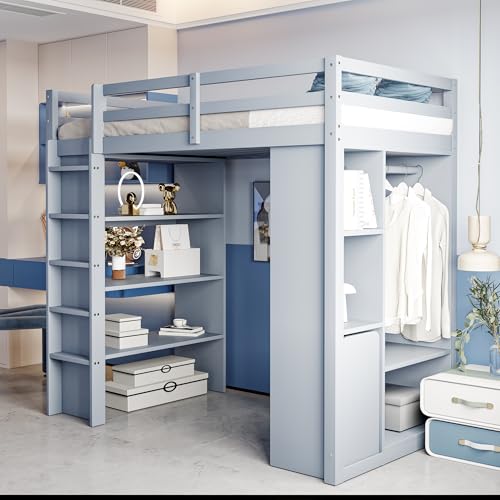 Idemon Kinderhochbett 90 * 200 cm, Mit Mehrstufigen Regalen, Mit Einfachen Kleiderbügeln und Ablagefächern, Mit 1 Herausnehmbaren Organisationswagen, Viel Stauraum, Jugendbett, Einzelbett, (Grau) von Idemon