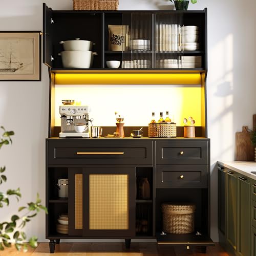 Idemon Küchenschränke, Hochschränke, Vitrinenschränke, Sideboard mit verstellbaren Einlegeböden, Esszimmerschrank mit 3 Schubladen, Sideboard mit Fantasiebeleuchtung, PE-Rattan, Schwarz Idemon Küchenschränke, Hochschränke, Vitrinenschränke, Sideboard mit verstellbaren Einlegeböden, Esszimmerschrank mit 3 Schubladen, Sideboard mit Fantasiebeleuchtung, PE-Rattan, Schwarz von Idemon