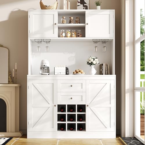 Idemon Küchenschrank mit verstellbaren Ablagen & Weinregal, Hochschrank Küchenbuffet mit 4 Türen & 2 Schubladen, Sideboard für Küche & Wohnzimmer, Buffetschrank, (White) von Idemon