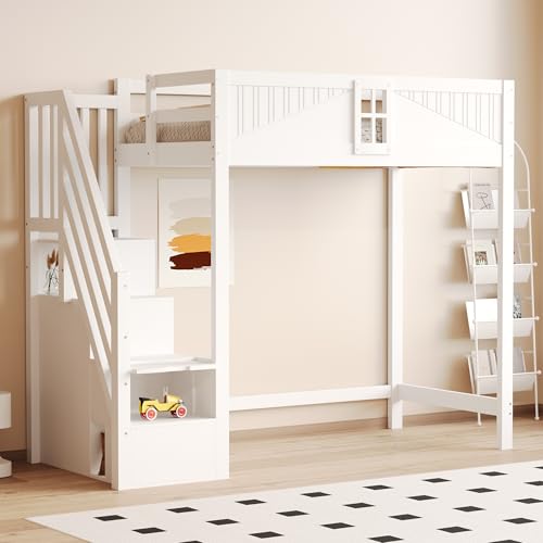 Idemon Massivholz-Hochbett 90x200cm mit Sicherheitstür & Fenster - Hochbett mit Beidseitiger Leiter, Multifunktionsbett mit Ablage, Kiefernholz, Weiß (Ohne Matratze) von Idemon
