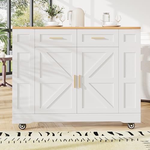 Idemon Moderne Kücheninsel, Küchenschrank, buffetschrank, Speisewagen mit Holzmaserung, buffetschrank, Multifunktionale Esstisch mit Speicherraum, Speisewagen mit Stretchfunktionsschränken, (weiß) von Idemon