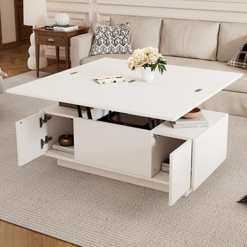 Idemon Moderner Couchtisch mit Doppel-Hebemechanismus, verstecktem Stauraum – Belastbar bis 50 kg (White) von Idemon