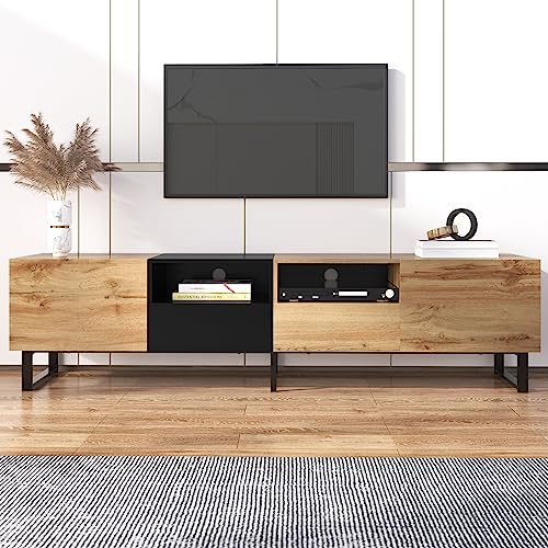 Idemon Moderner TV-Ständer mit schwarzem und holzfarbenem Design – geräumiger Stauraum, robuste Konstruktion 190 cm x 38 cm x 48 cm von Idemon