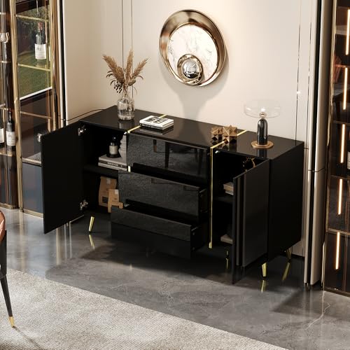 Idemon Moderner dekorativer schwarzer Hochglanzschrank Multifunktionaler Aufbewahrungsschrank 2 Türen 3 Schubladen Esszimmerschrank Golddekoration 140 * 40 * 76cm von Idemon