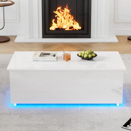 Idemon Moderner weißer Hochglanz-Couchtisch mit Ambientebeleuchtung und verstecktem Stauraum – Beistelltisch mit hydraulischem Hub, 100 * 50 * 35 cm, Tragkraft 40 kg von Idemon