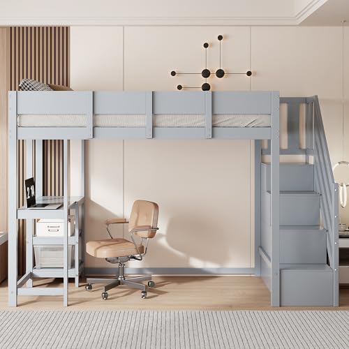 Idemon Multifunktionales Etagenbett mit Stauraum Hochbett mit Ablage 90 x 200 cm, Bettgestell aus massivem Kiefernholz mit Lattenrost,Bett für Kinder und Jugendliche (Grau) von Idemon