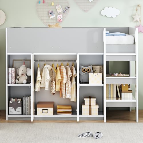 Idemon Multifunktionales Hochbett 90 * 200 mit Stauraum, Schrank und Regalen – Kinderbett mit Leiter und Stabiler Konstruktion (Grau) von Idemon