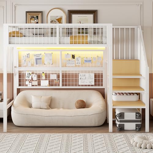 Idemon Multifunktionales Metall-Hochbett, Größe 90 * 200, geeignet für Kinder und Jugendliche. Ausgestattet mit APP-gesteuerter Traumlichtleiste, Treppe mit Stauraum und (White) von Idemon
