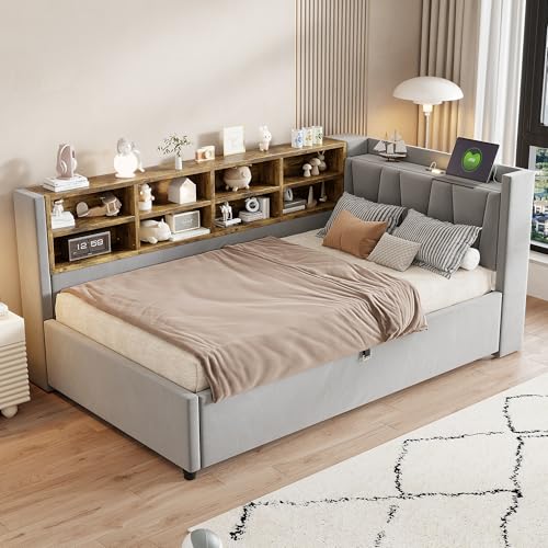 Idemon Multifunktionales Schlafsofa mit hydraulischem Stauraum, ausgestattet mit Nachtlicht, USB- und Typ-C-Ladeanschlüssen, Regalen und Ablagefächern, Samtstoff, (Hellgrau, 90 * 200cm) von Idemon
