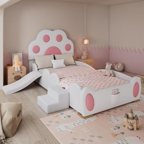 Polsterbett, Einzelbett, Kinderbett, Kopfteil in Form Einer Cartoon - Katzenpfote, mit Einer Kinderrutsche und Einer zweistufigen Leiter, PU-Oberfläche,Weiß + Rosa, 90x200cm Polsterbett, Einzelbett, Kinderbett, Kopfteil in Form Einer Cartoon - Katzenpfote, mit Einer Kinderrutsche und Einer zweistufigen Leiter, PU-Oberfläche,Weiß + Rosa, 90x200cm von Idemon