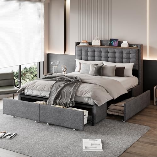 Idemon Polsterbett 140 * 200 cm, Nachttisch mit USB-Ladeanschluss und Ablage, Doppelflachbett mit 4 Schubladen, Leinenstoff Grau von Idemon
