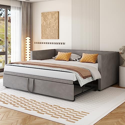 Idemon Ausziehbares Polsterbett 90/180x200 cm- Schlafsofa mit Lattenrost aus hautfreundlichem Samtstoff, Grau | Multifunktionsbett für Gästezimmer und kleine Wohnungen von Idemon