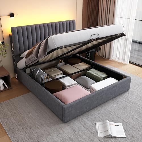 Idemon Polsterbett Stauraum Doppelbett App-Control Bett mit Aufladen USB Type C Ladefunktion, Stauraum & Verstellbares Kopfteil,160x200cm Lattenrost aus Holz, Grau (Ohne Matratze) (160x200cm) von Idemon